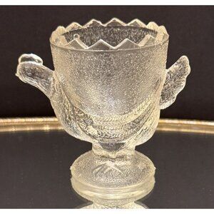 Vintage Clear Glass Hen-Shaped Egg Cup With Textured Design & Scalloped Rim